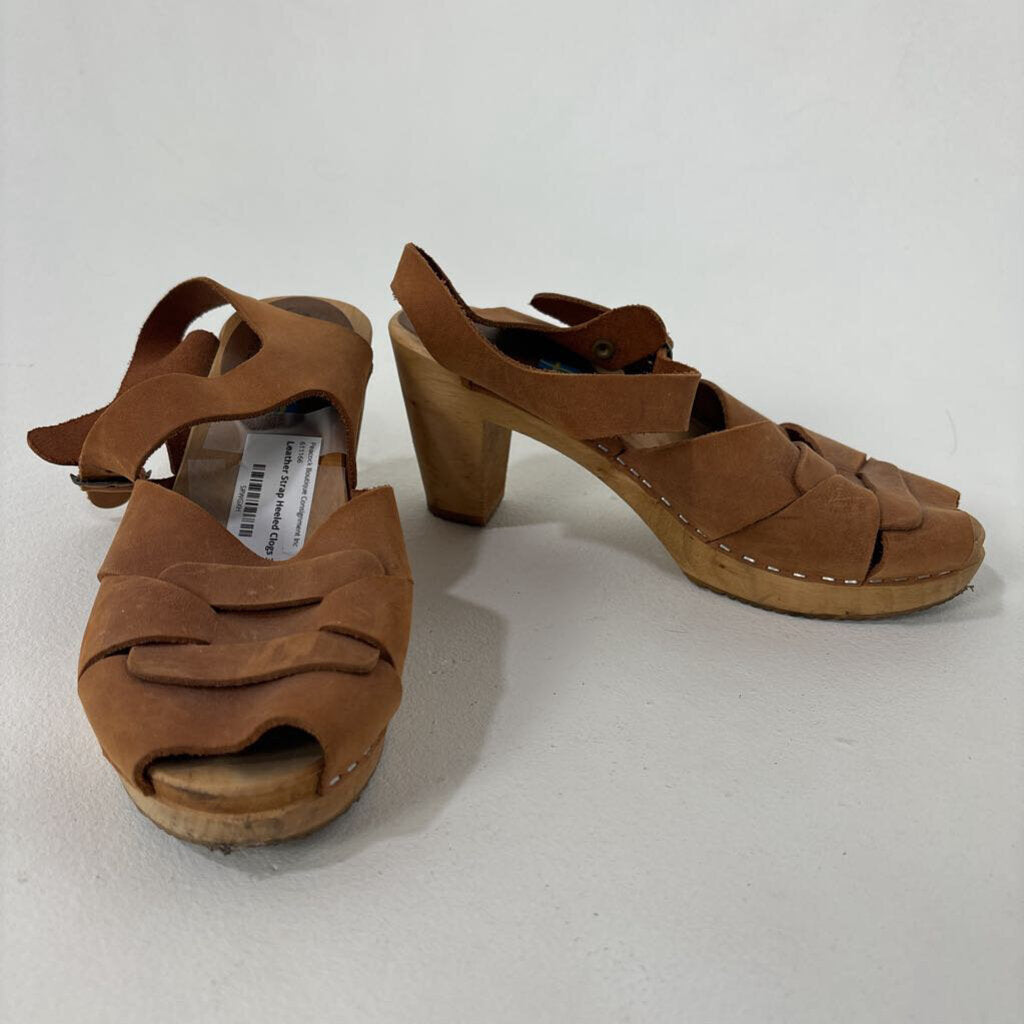 Leather Strap Heeled Clogs (38)