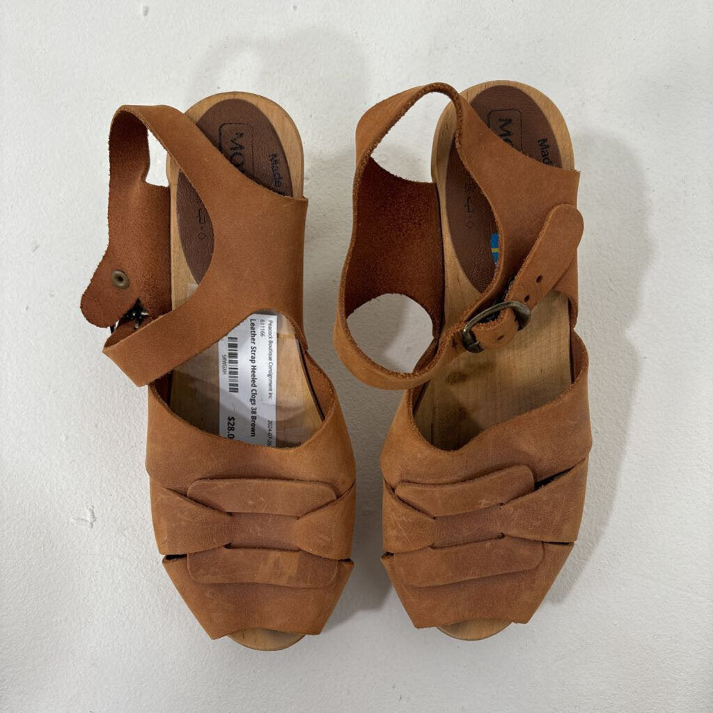 Leather Strap Heeled Clogs (38)